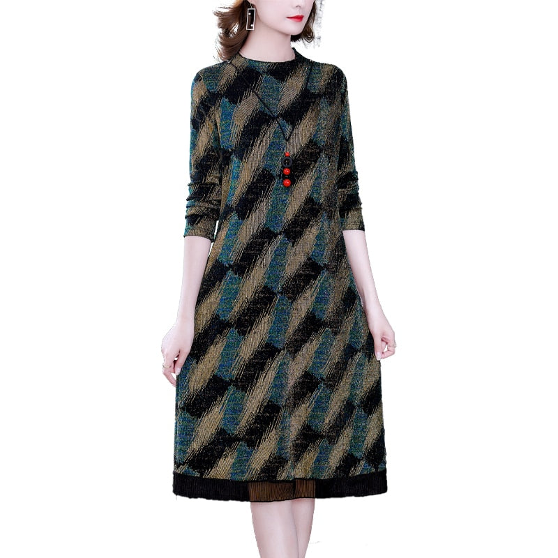 Women Knitted Striped Midi Dresses Autumn Winter Plus Velvet Thick Warm Dress 2023 Korean Vintage Elegant Loose Waist Vestidos