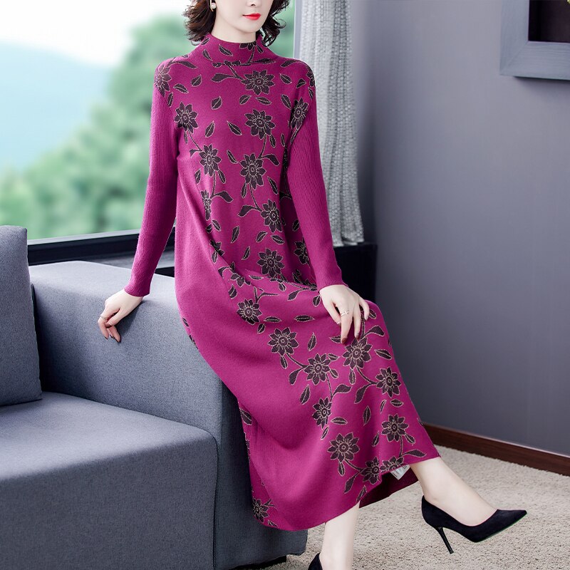 2022 Vintage Blue 4XL Plus Size Knit Turtleneck Wool Sweater Maxi Dress Autumn Winter Casual Women Elegant Bodycon Long Sweaters