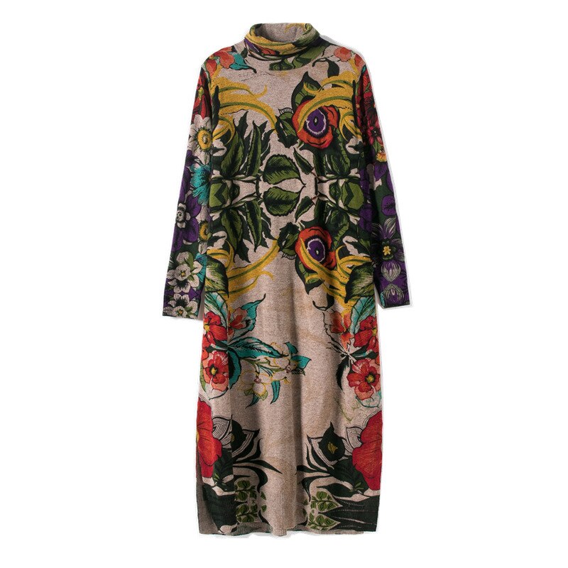 Women Knitted Floral Midi Dress 2023 Vintage Elegant Bodycon Casual Pullovers Autumn Winter Thick Warm Turtleneck Wool Sweaters