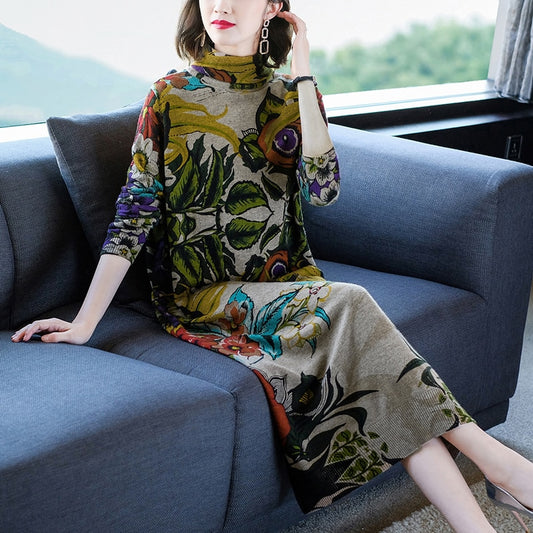 Women Knitted Floral Midi Dress 2023 Vintage Elegant Bodycon Casual Pullovers Autumn Winter Thick Warm Turtleneck Wool Sweaters