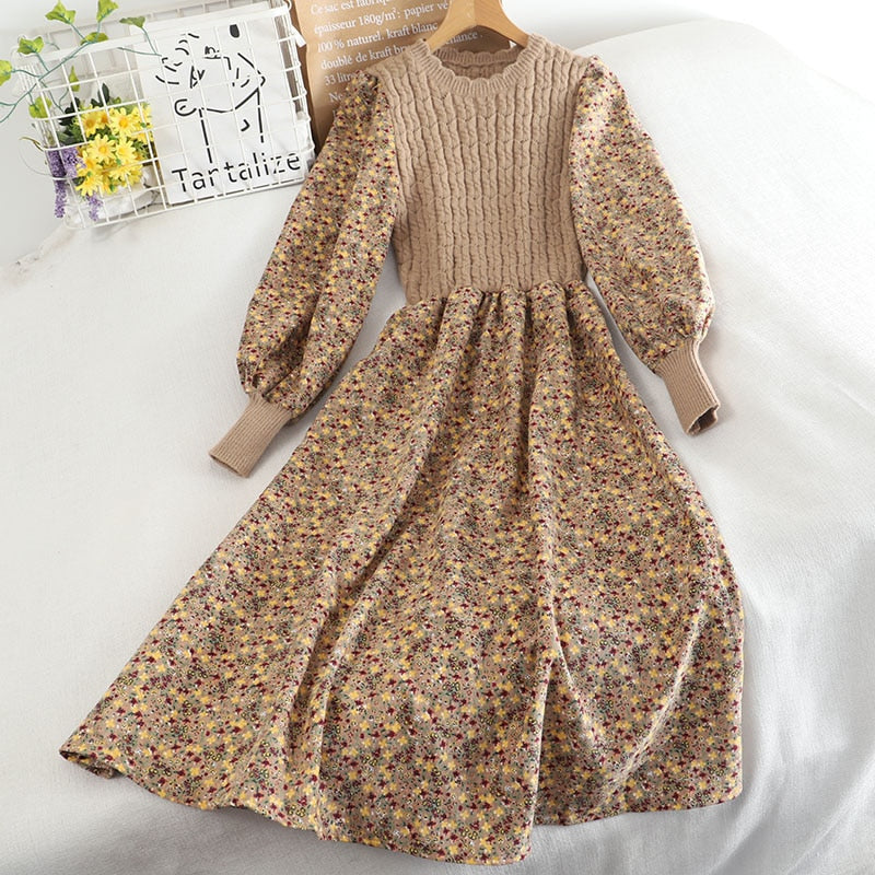 Women's Knitted Dress Autumn Winter New Long Sleeve Corduroy Floral Dress Female Elegant Sweater A-line Long Veatidos Belt