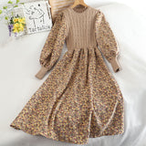 Women's Knitted Dress Autumn Winter New Long Sleeve Corduroy Floral Dress Female Elegant Sweater A-line Long Veatidos Belt