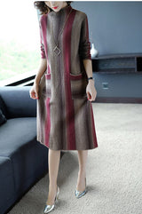 ZUOMAN Autumn Office Turtleneck Knitted Dress for Women Elegant Striped Sweaters Dresses Long Sleeves Female A-line Winter Dress