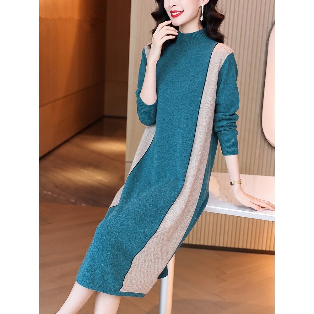 2021 Vintage Blue 3XL Plus Size Knit Turtleneck Wool Sweater Midi Dress Autumn Winter Casual Women Elegant Bodycon Long Sweaters