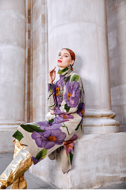 2022 Winter Casual Floral Knited Turtleneck Sweater Dress Autumn Vintage Chic Plus Size Women Elegant Bodycon Long Wool Sweaters