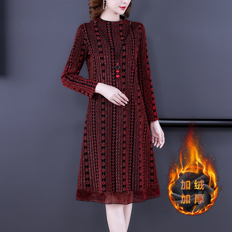 2023 High Quality Red Knitted Plus Velvet Midi Dress Autumn Winter Thick Warm Dress Women Black Korean Vintage Elegant Vestidos