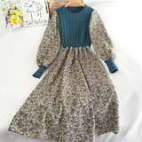 Women's Knitted Dress Autumn Winter New Long Sleeve Corduroy Floral Dress Female Elegant Sweater A-line Long Veatidos Belt