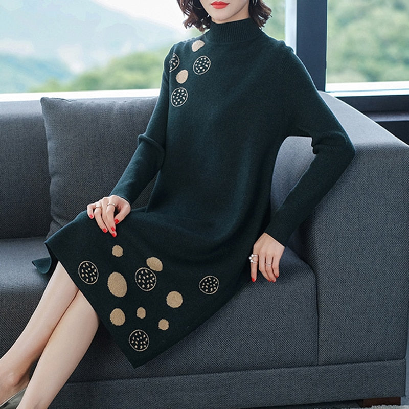 Black Korean Vintage Midi Sweater Dress Autumn Winter Knitted Cotton Thick Warm Sweaters 2023 Elegant Bodycon Turtleneck Sweater