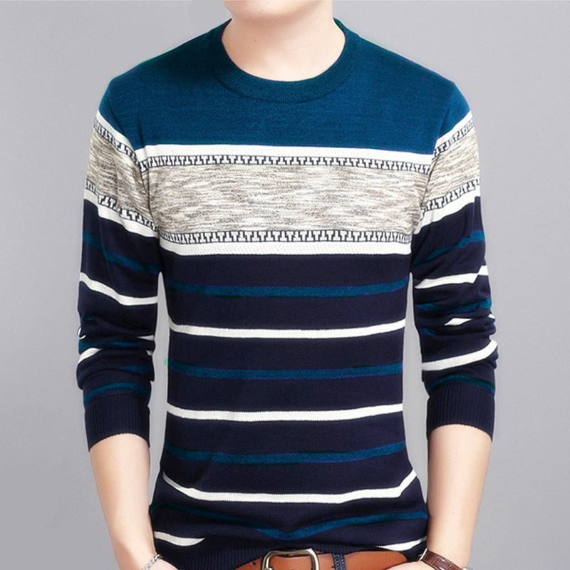 Covrlge New Spring Autumn Casual Men's Sweater O-Neck Striped Slim Knittwear Mens Sweaters Pullovers Pullover Men M-3XL MZM050