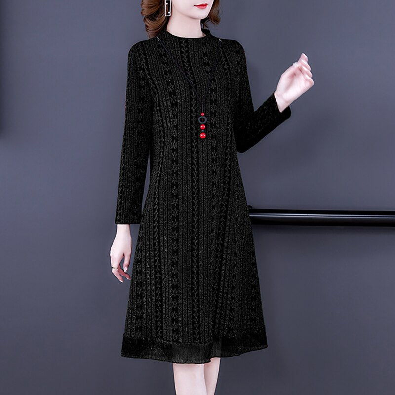 2023 High Quality Red Knitted Plus Velvet Midi Dress Autumn Winter Thick Warm Dress Women Black Korean Vintage Elegant Vestidos