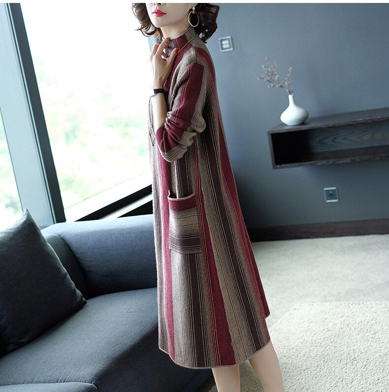 ZUOMAN Autumn Office Turtleneck Knitted Dress for Women Elegant Striped Sweaters Dresses Long Sleeves Female A-line Winter Dress