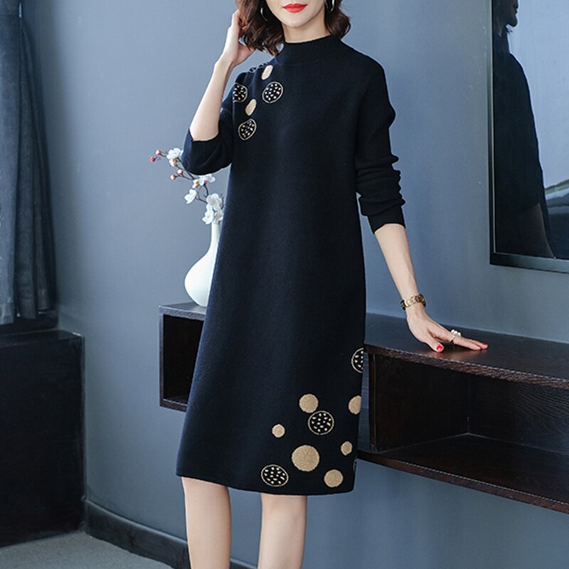 Black Korean Vintage Midi Sweater Dress Autumn Winter Knitted Cotton Thick Warm Sweaters 2023 Elegant Bodycon Turtleneck Sweater