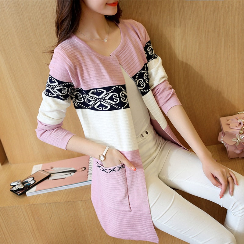 2023 Spring Women's Long Sweater Cashmere Autumn Cardigan knitting Sweater Pink Black Red Print Winter Fashion Slim Women 7479