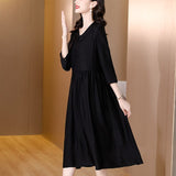 Autumn Spring Printed Silk V Neck Midi Dress Women's Long Sleeve Elegant Body Fit Party Vestidos 2023 Korean Vintage CasualDress