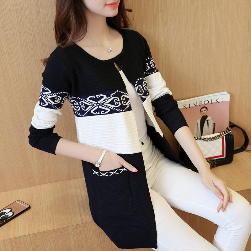2023 Spring Women's Long Sweater Cashmere Autumn Cardigan knitting Sweater Pink Black Red Print Winter Fashion Slim Women 7479