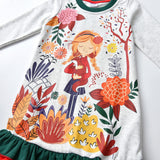 DXTON Children 100% Cotton Dress Girls Flower Print Dresses Long Sleeve Autumn Spring Casual Clothes Toddler Cartoon Dresses