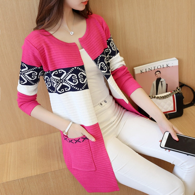 2023 Spring Women's Long Sweater Cashmere Autumn Cardigan knitting Sweater Pink Black Red Print Winter Fashion Slim Women 7479