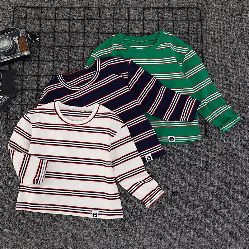 Boys' Striped Long-Sleeved T-shirt Pure Cotton 2022 New Children's Top T Fashion round-Neck Shirt Medium Children's Clothing
