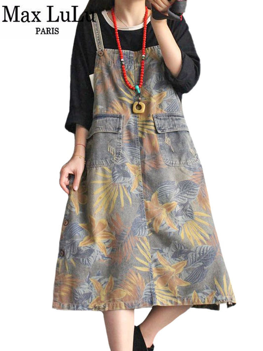 Max LuLu 2023 Summer Korean Womens Fashion Loose Printed Denim Sleeveless Dresses Ladies Luxury Casual Floral Elegant Vestidos