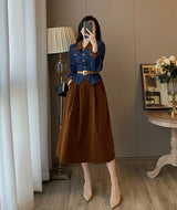 French Vintage Suit Fall Winter Two Pieces Set Women's Lapel Single-Breaste Belt Slim Denim Jacket Top+A Line Skirt Suit G237