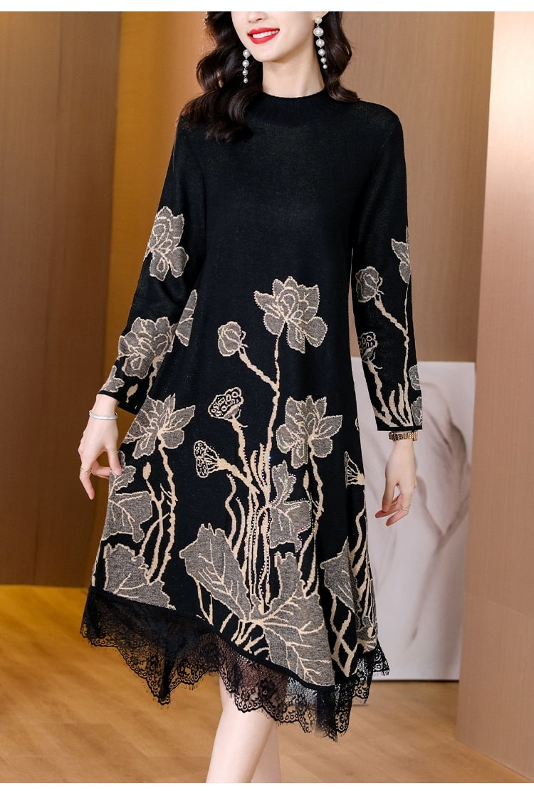 Winter Casual Elegant Warm Loose Jacquard Knited Sweater Dress 2022 Autumn Women Bodycon Turtleneck Long Wool Sweates