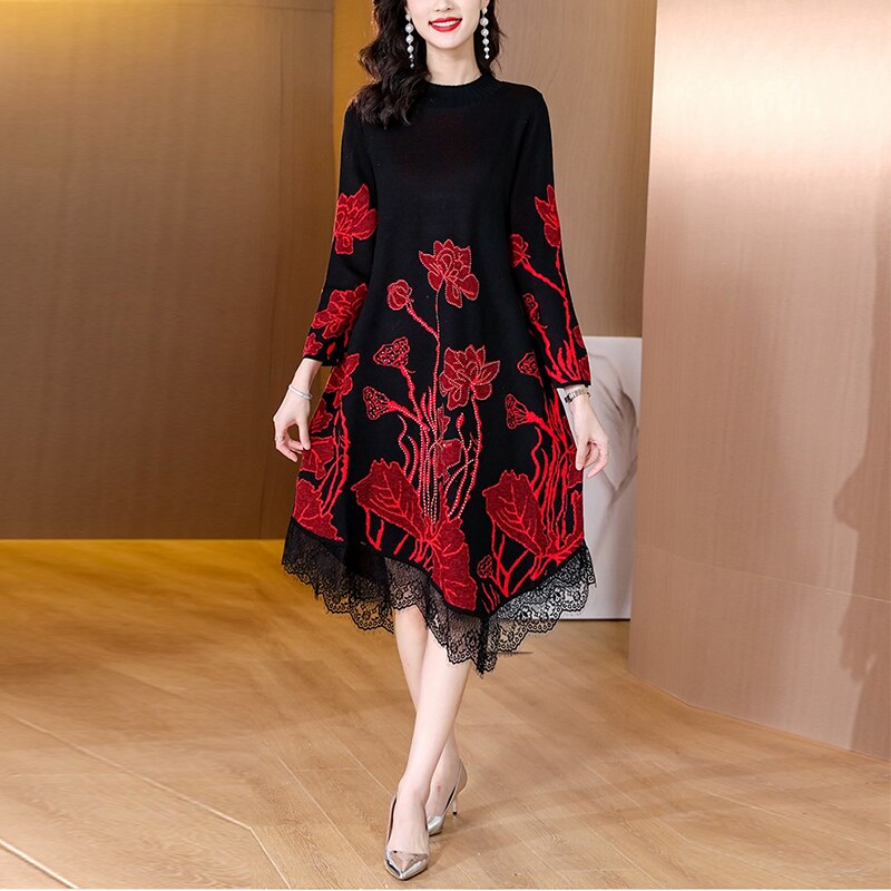 Winter Casual Elegant Warm Loose Jacquard Knited Sweater Dress 2022 Autumn Women Bodycon Turtleneck Long Wool Sweates