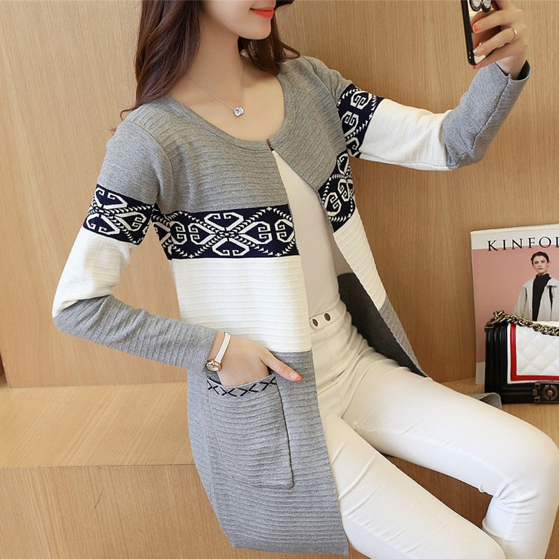 2023 Spring Women's Long Sweater Cashmere Autumn Cardigan knitting Sweater Pink Black Red Print Winter Fashion Slim Women 7479