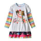 DXTON Children 100% Cotton Dress Girls Flower Print Dresses Long Sleeve Autumn Spring Casual Clothes Toddler Cartoon Dresses