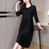Autumn Spring Printed Silk V Neck Midi Dress Women's Long Sleeve Elegant Body Fit Party Vestidos 2023 Korean Vintage CasualDress