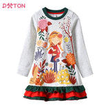 DXTON Children 100% Cotton Dress Girls Flower Print Dresses Long Sleeve Autumn Spring Casual Clothes Toddler Cartoon Dresses