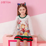 DXTON Children 100% Cotton Dress Girls Flower Print Dresses Long Sleeve Autumn Spring Casual Clothes Toddler Cartoon Dresses