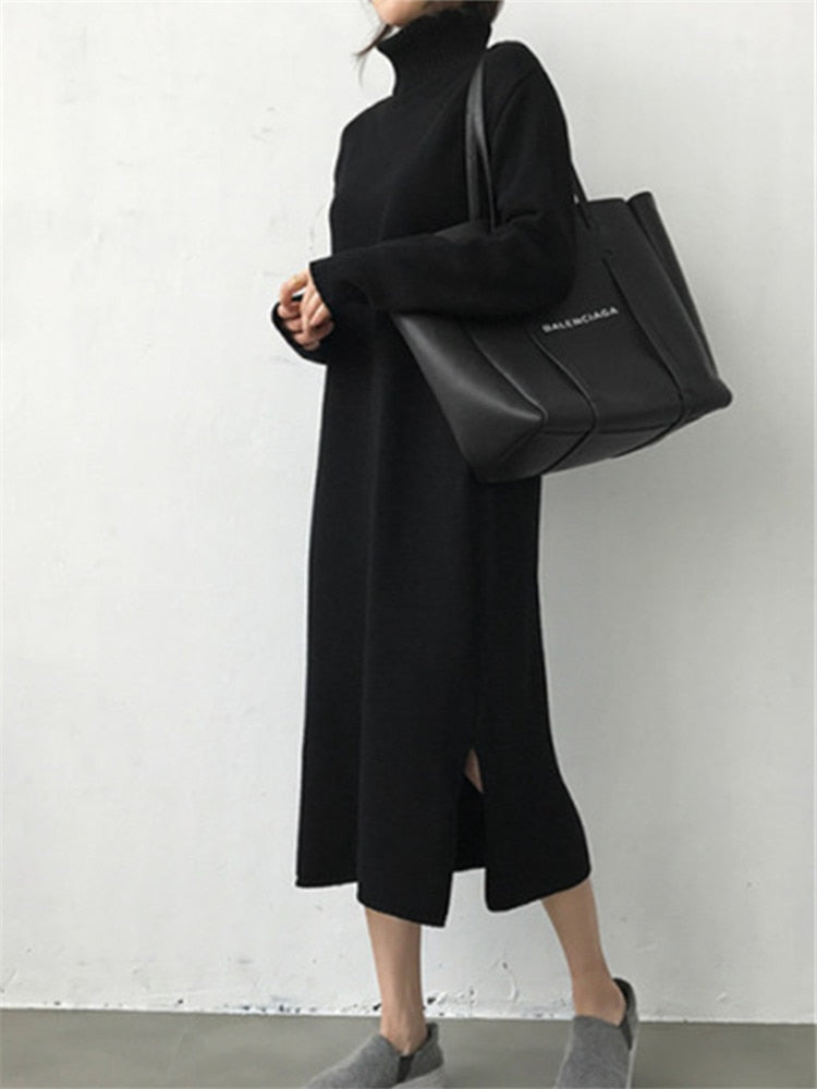 Turtleneck Winter Womens Dress 2021 Fall Sweater Women Dress Long Sleeve Knitted Dresses Maxi Vintage Oversize Dresses Knitting