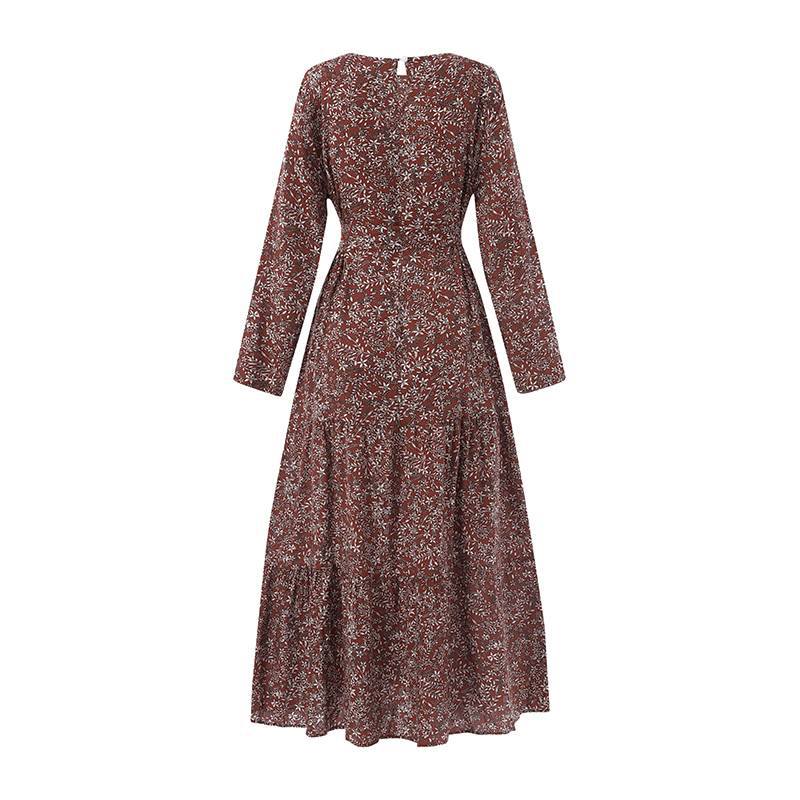 Fashion Long Sleeve Floral Print Crew Neck Dress