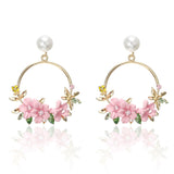 Trendy Cute Pink Flower Earrings For Women Girls Jewelry Female Rhinestone Gold Metal Round Circle Earrings Gift