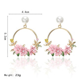 Trendy Cute Pink Flower Earrings For Women Girls Jewelry Female Rhinestone Gold Metal Round Circle Earrings Gift