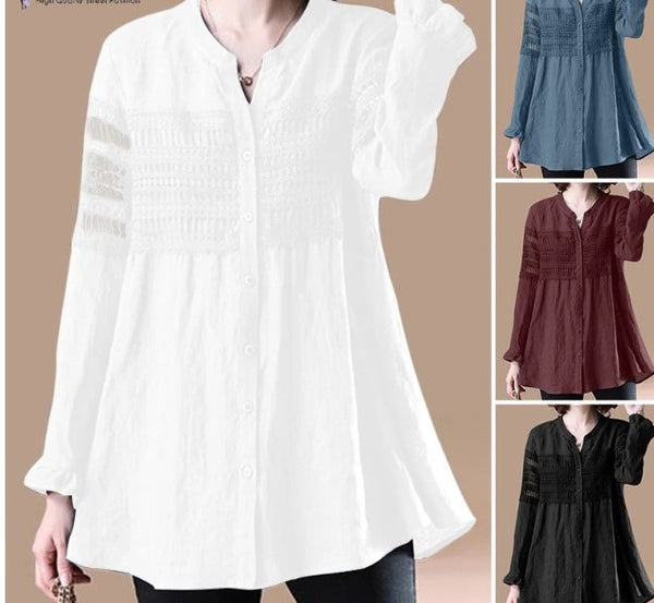 Patchwork Blouse Women V Neck Long Sleeve Shirt Loose Buttons Down Tops Mujer