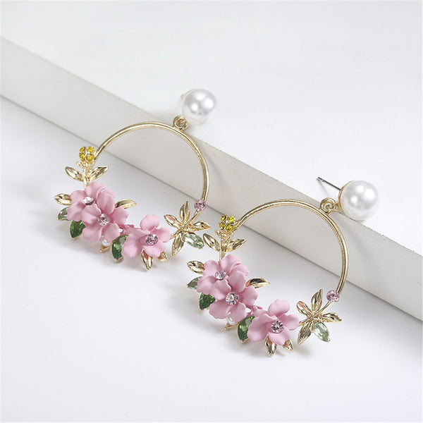 Trendy Cute Pink Flower Earrings For Women Girls Jewelry Female Rhinestone Gold Metal Round Circle Earrings Gift
