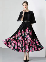 New Pleated Long Summer   Women Dress O-Neck Lace-up Belt Print Loose Large Size