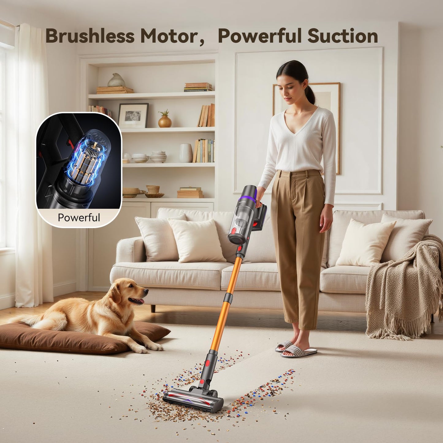 TechRise Cordless Vacuum Cleaner, 500W/45Kpa Stick Vacuum for Home, Anti-Tangle Brush & 8-in-1 Self-Standing, Up to 60Mins Runtime Lightweight with LED Display for Hardwood Floor,Carpet,Pet Hair
