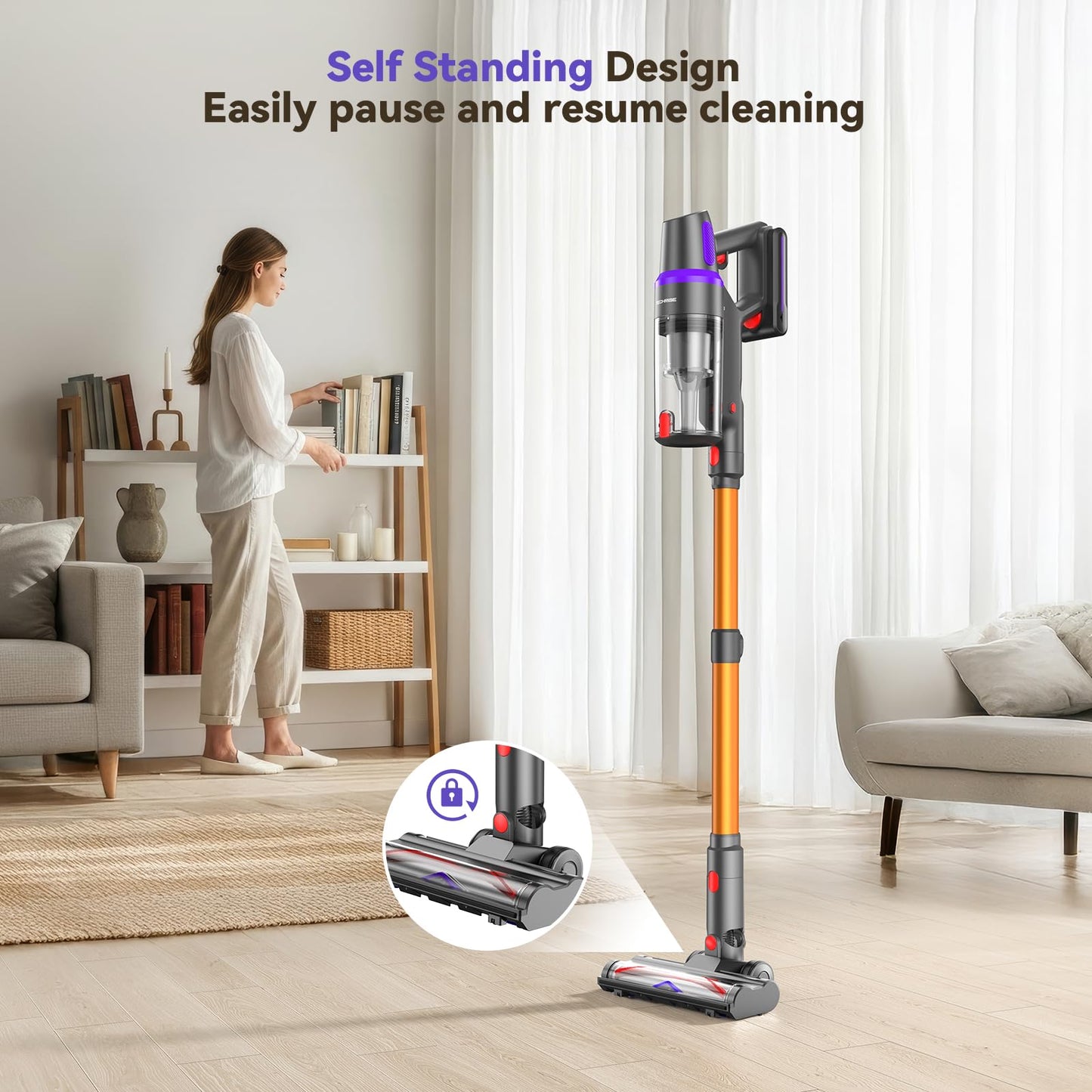 TechRise Cordless Vacuum Cleaner, 500W/45Kpa Stick Vacuum for Home, Anti-Tangle Brush & 8-in-1 Self-Standing, Up to 60Mins Runtime Lightweight with LED Display for Hardwood Floor,Carpet,Pet Hair