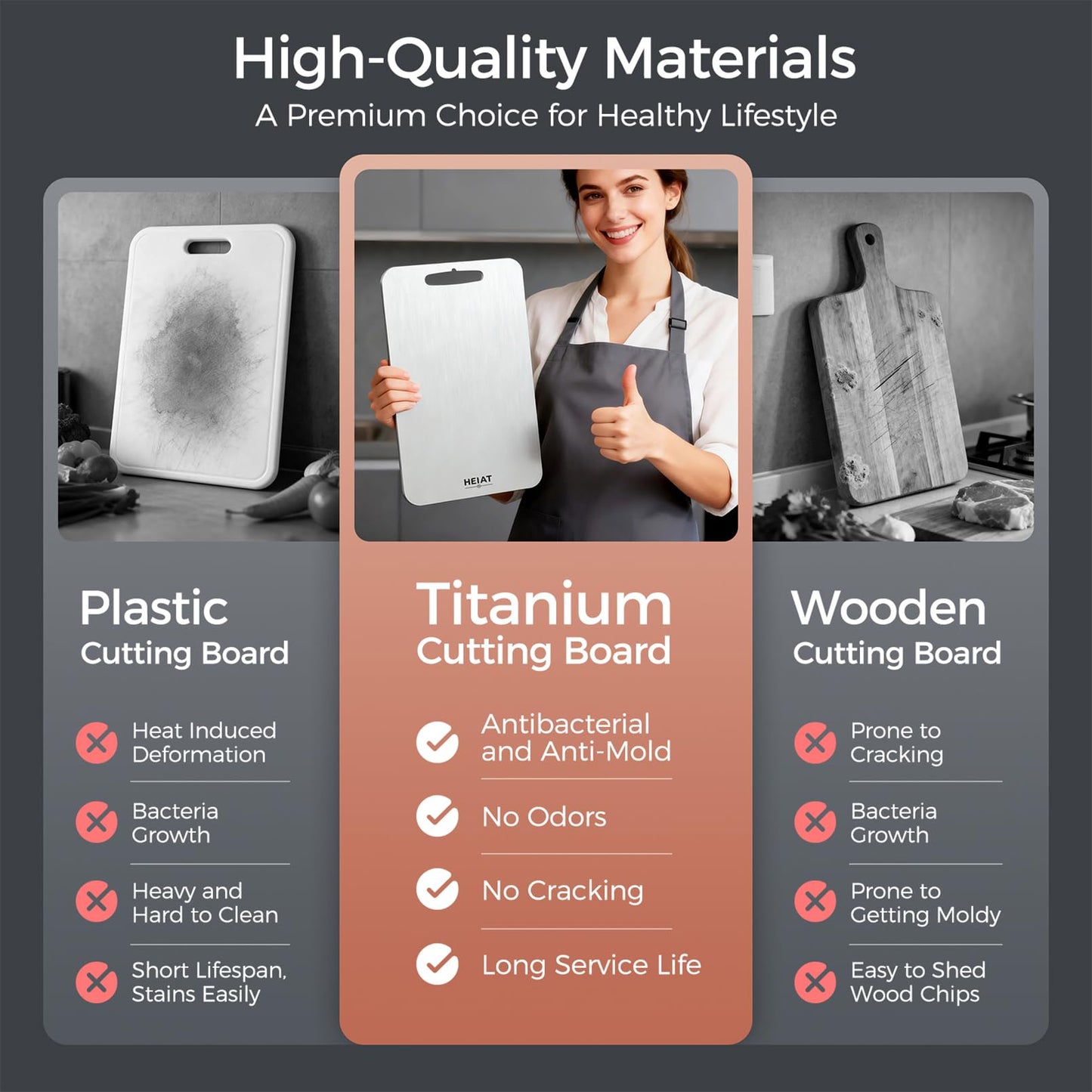 Titanium Cutting Board Set of 3, 100% Pure Titanium Cutting Boards for Kitchen, Non-Toxic, Double-Sided Chopping Boards for Raw & Cooked Food, Handles Included, Dishwasher Safe(M+L+XL)