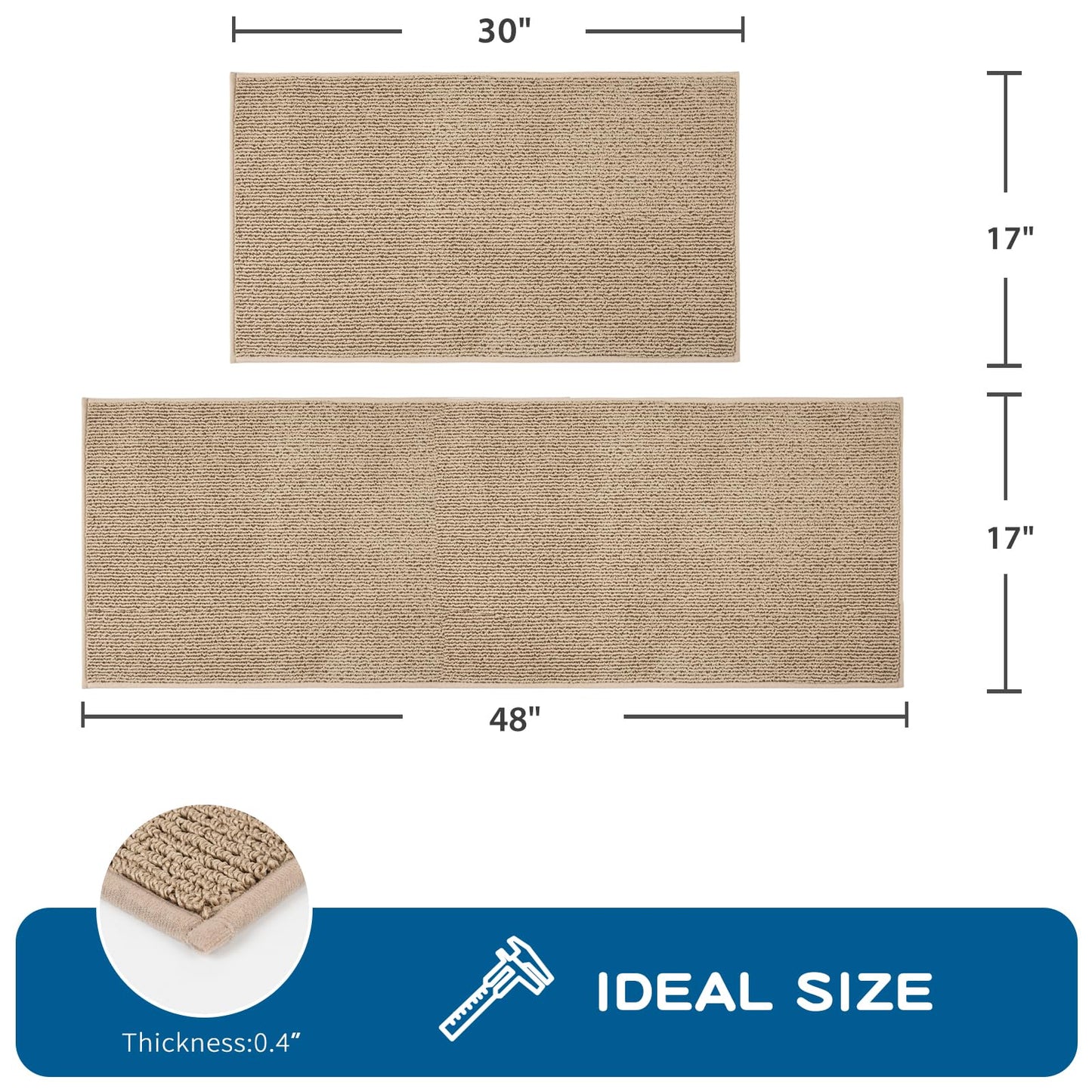 PURRUGS Machine Washable Kitchen Rug [2 PCS] (17" x 30"+ 17" x 48"), Non-Slip/Skid Kitchen Runner Rugs & Floor Mats, Super Absorbent Soft Area Rugs for Sink, Kitchen & Laundry, Beige