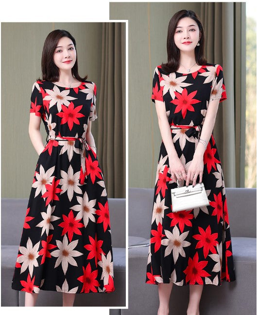 New Arrival Fashion 2023 Summer Dress Vestido Loose O-neck Casual Print Floral Cotton Linen