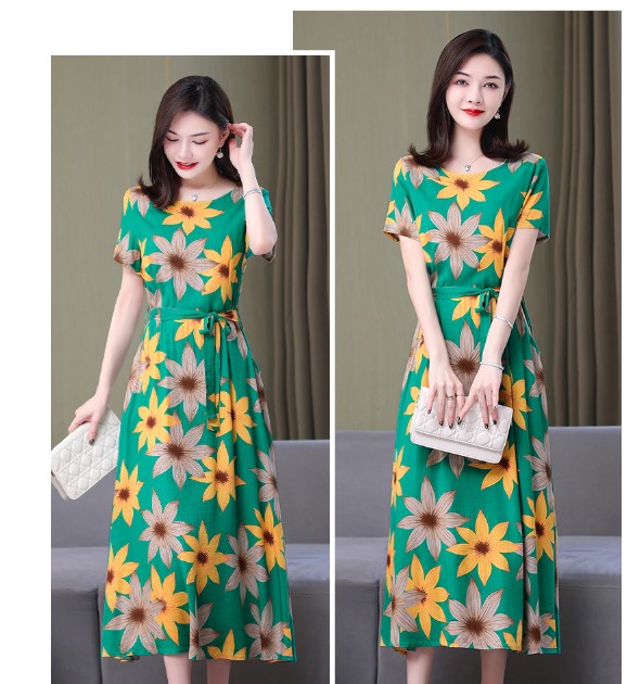 New Arrival Fashion 2023 Summer Dress Vestido Loose O-neck Casual Print Floral Cotton Linen