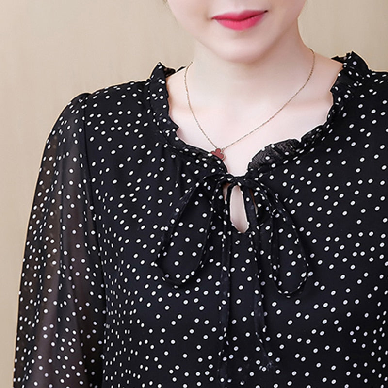 Elegant Women's Shirts Fashion Woman Blouses 2023 Polka Dot Chiffon Tunics Puff Long Sleeve Clothing Black Shirt Oversized Tops