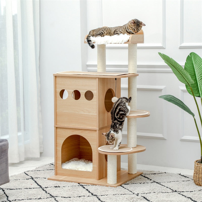 Arbre à Chat en Bois de Luxe, Nid de Chaton, Tour d'Escalade avec Poteau à Gratter, Plateforme de Jeu, Maison