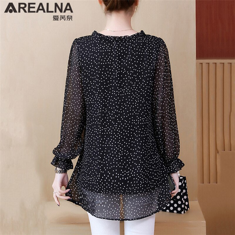 Elegant Women's Shirts Fashion Woman Blouses 2023 Polka Dot Chiffon Tunics Puff Long Sleeve Clothing Black Shirt Oversized Tops