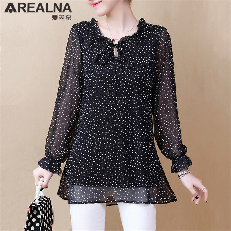Elegant Women's Shirts Fashion Woman Blouses 2023 Polka Dot Chiffon Tunics Puff Long Sleeve Clothing Black Shirt Oversized Tops