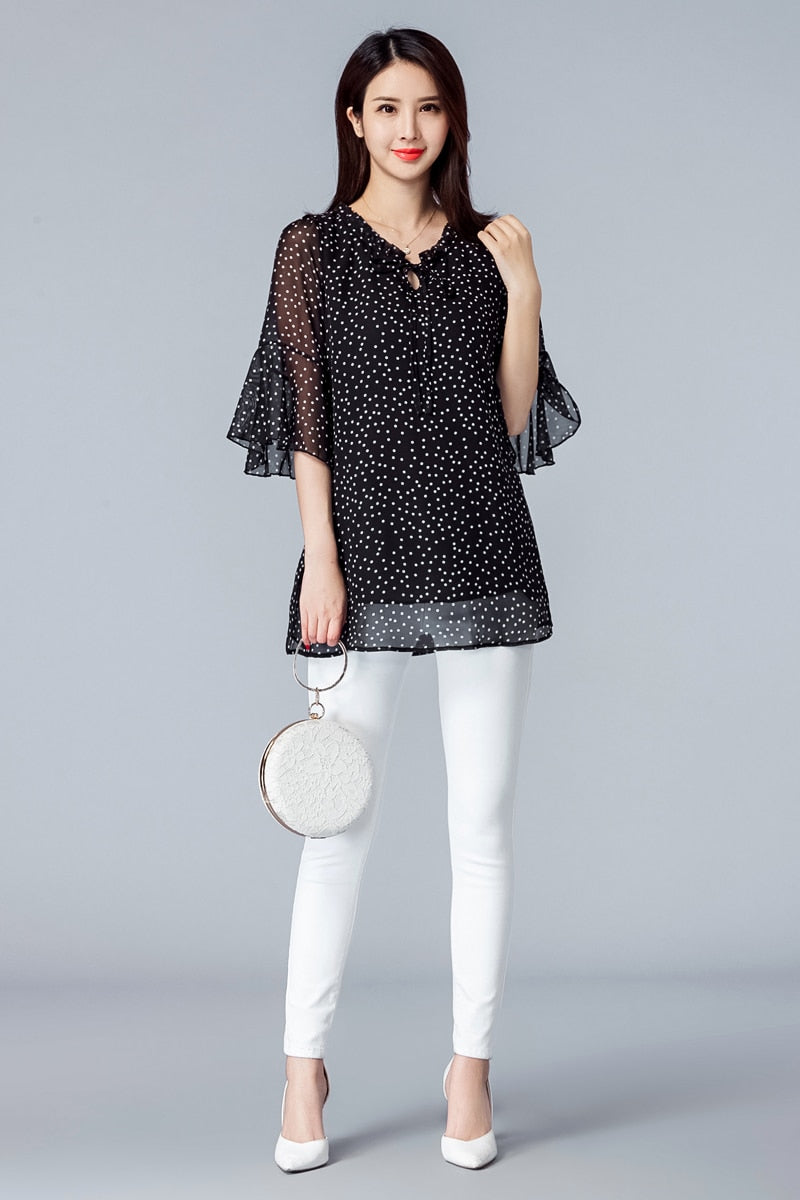Elegant Women's Shirts Fashion Woman Blouses 2023 Polka Dot Chiffon Tunics Puff Long Sleeve Clothing Black Shirt Oversized Tops
