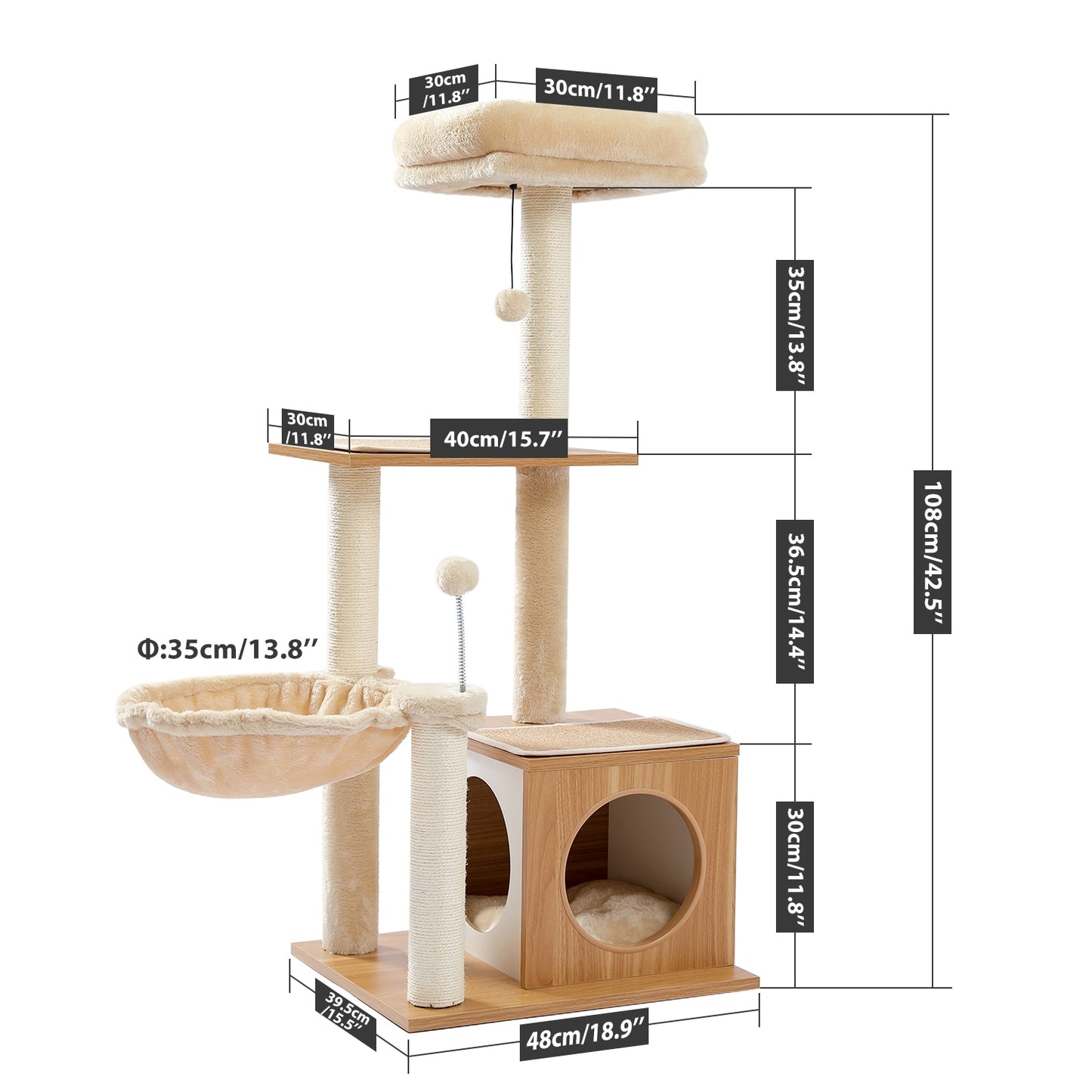 Arbre à Chat en Bois de Luxe, Nid de Chaton, Tour d'Escalade avec Poteau à Gratter, Plateforme de Jeu, Maison